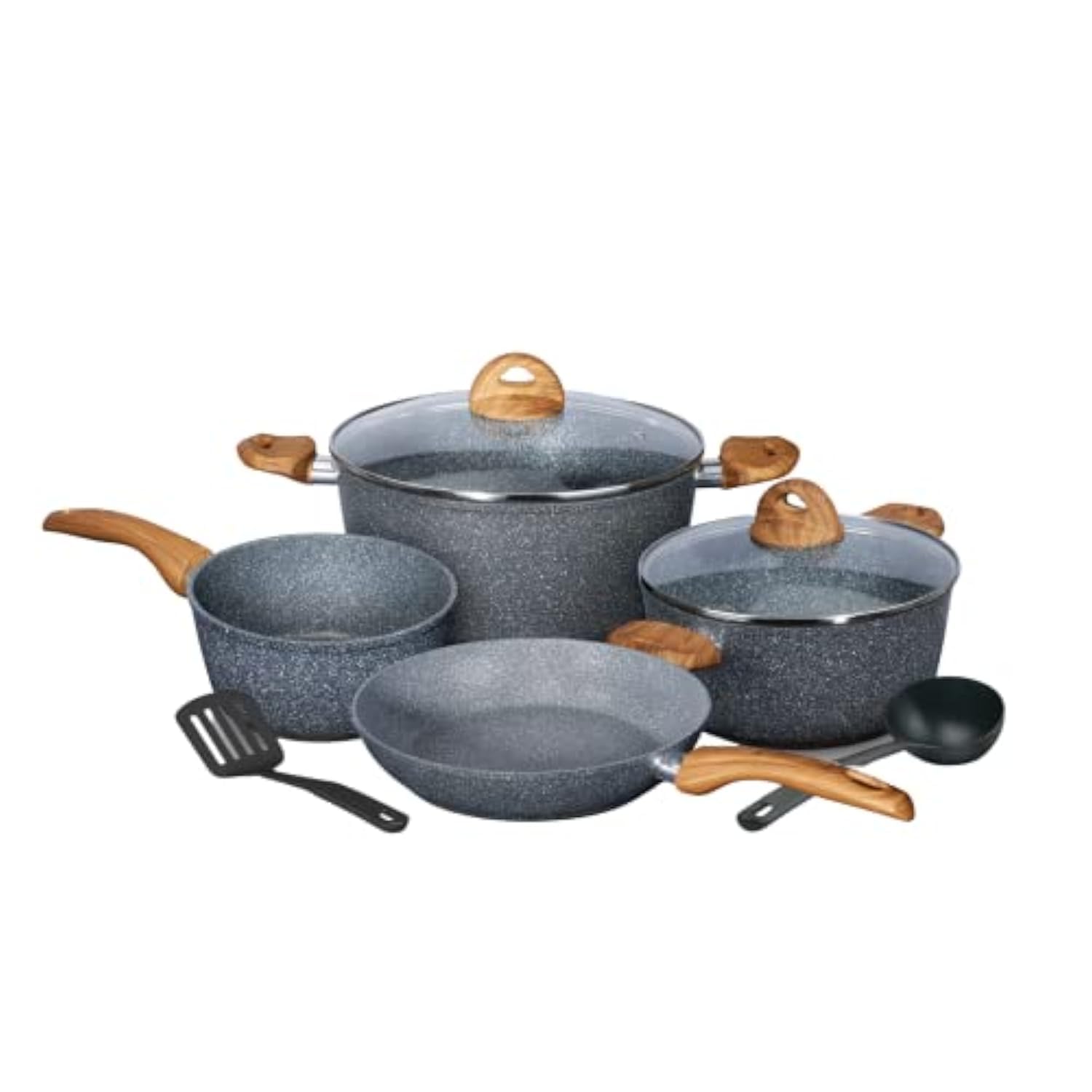 Homeway 8 Pieces Granite Coated Cookware Set | 5 Layer Non-stick Granite Coating | Casserole | Sauce Pan - Grey