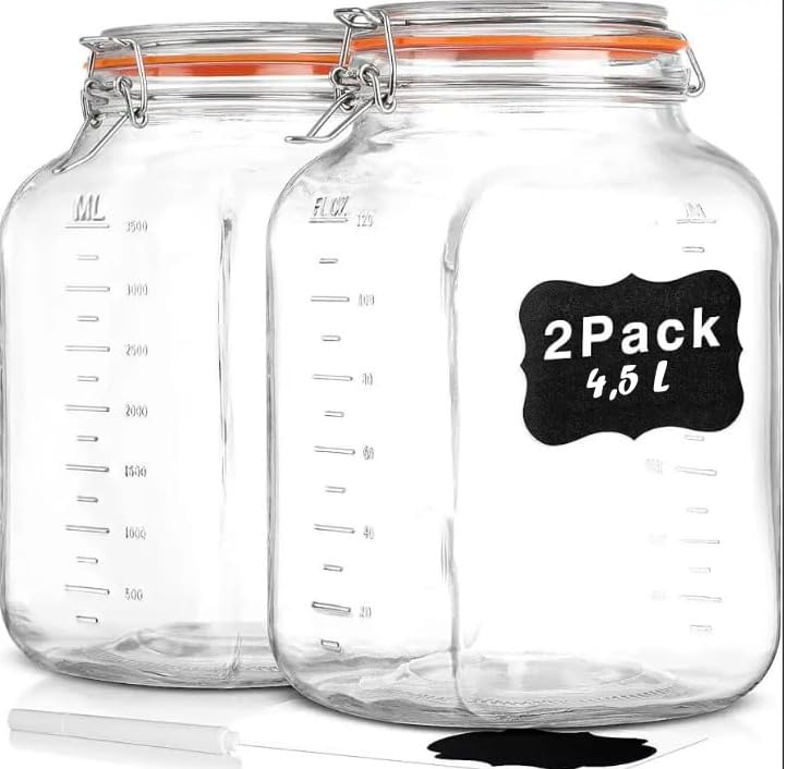 Premify 2-Pack Airtight Glass Storage Jars with Clamp Lids,4L & 5L Mason Jars with Labels, Pen &Gasket,for Kitchen Food Storage,Curing, Fermentation and Preservation