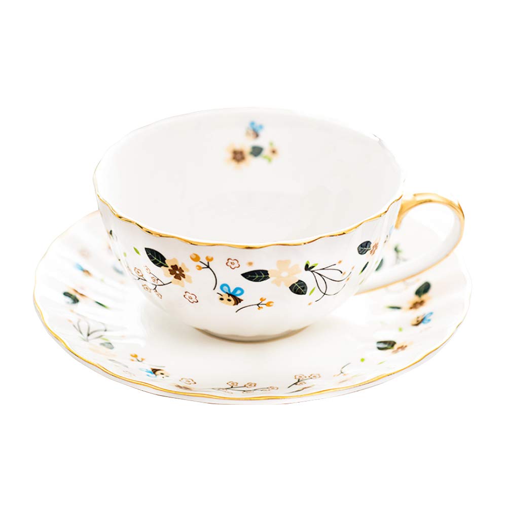 BigNoseDeer Flower Bee Tea cups and Saucers, Coffee Bone China Mug 1 Set with Beautiful box(1 cup and 1plate)