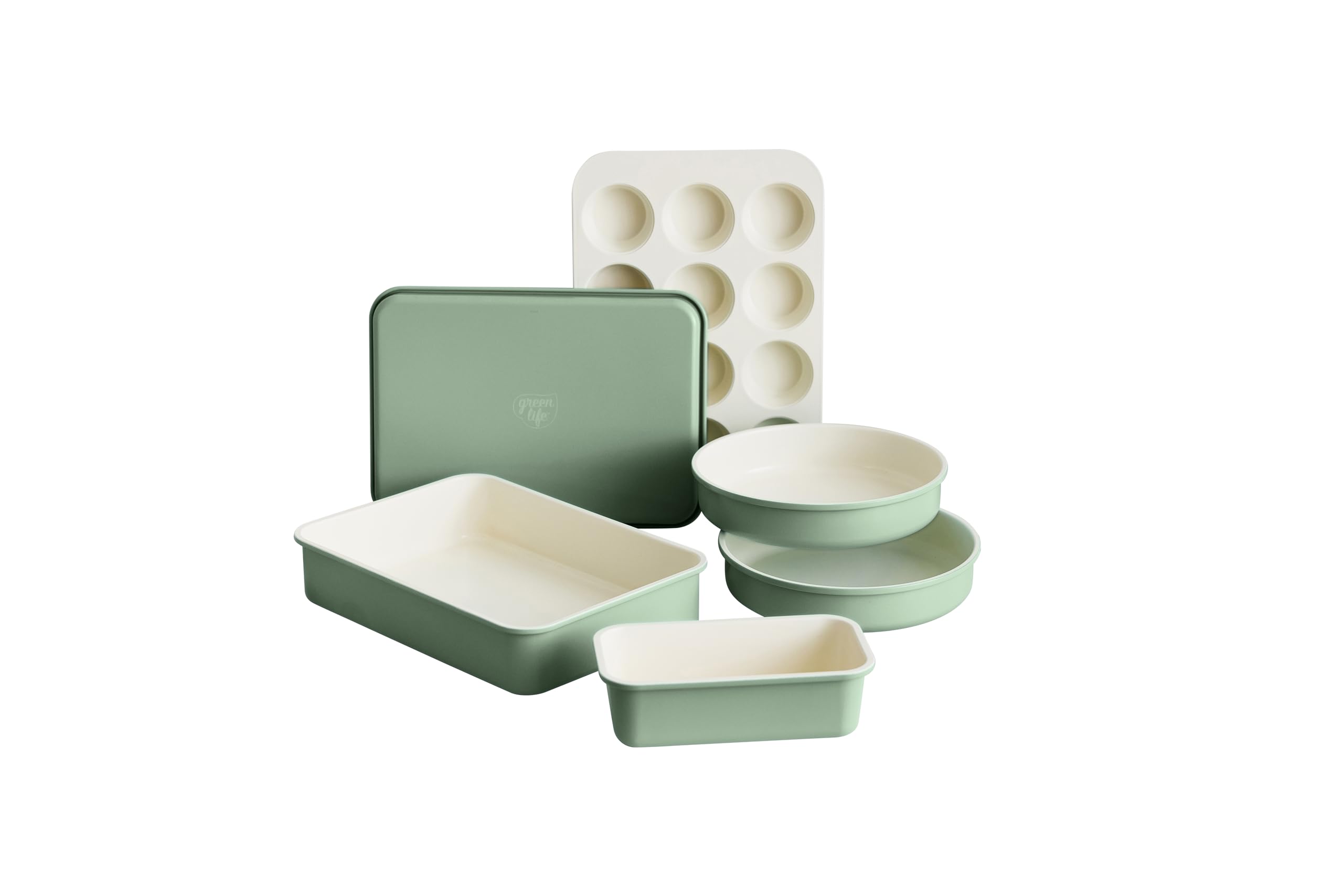 GreenLife Bakeware, 6 Piece Baking Pans Set, Non-Toxic PFAS-Free Healthy Ceramic Nonstick, Oven Safe to 450°F, Easy Release, Even Heating, Easy Clean, Sage