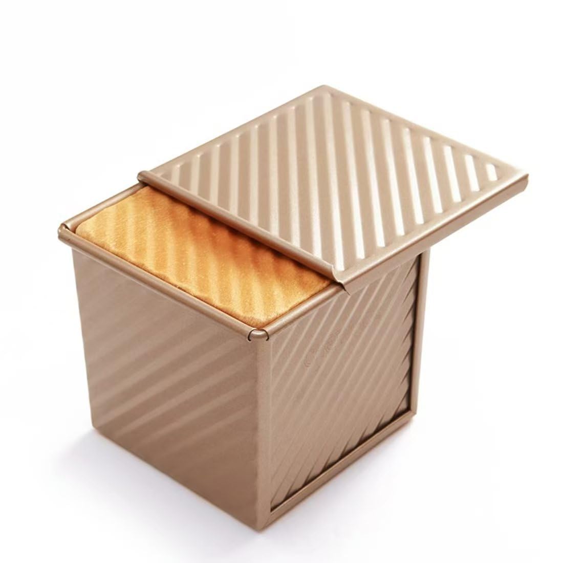 Premium Toast Bread Pan with Lid, Gold Aluminum, Corrugated Non-Stick Bakeware, 3.9 x 4.5 x 4.3 Inch, Water-Resistant Square Loaf Mold for Baking