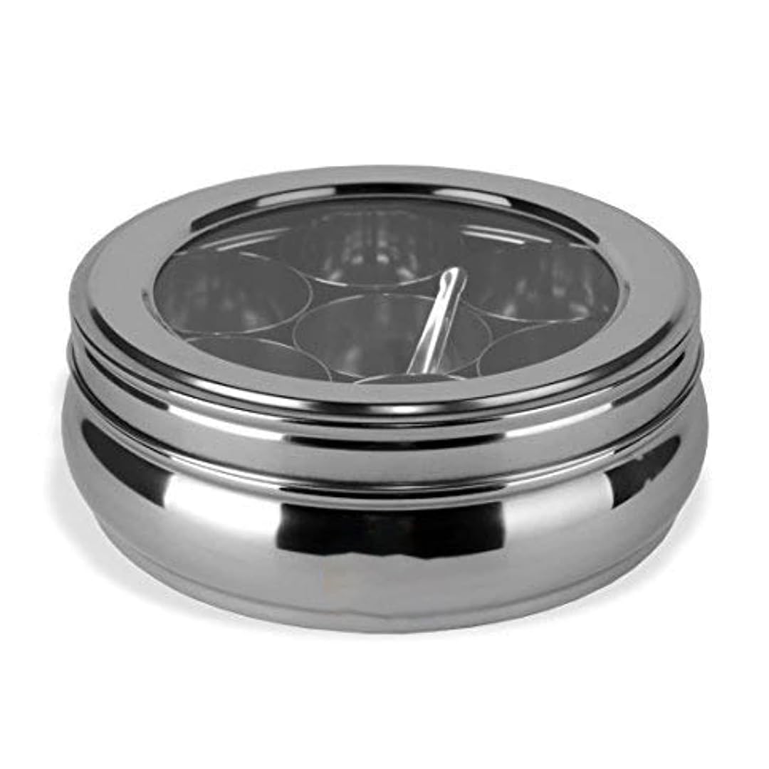 ABC Premium Stainless Steel Masala Dabba | Traditional Indian Spice Box Container with 7 Individual Cups, Inner Lid, Clear Outer Lid & Spoon