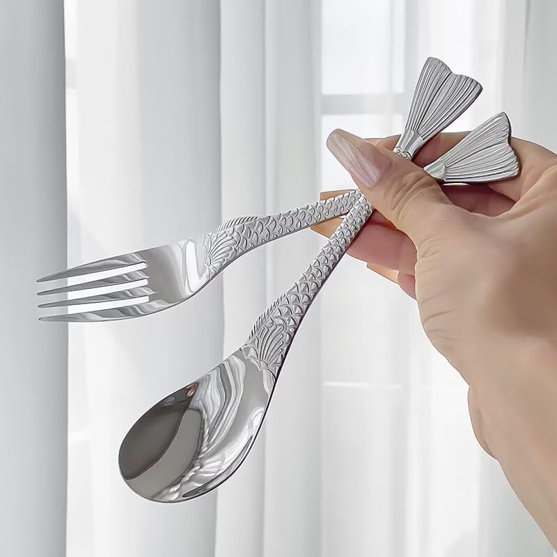 2 PCS Cute Fishtail Spoon Fork Set 7.2 inch Stainless Steel Fish Coffee Teaspoon Soup Spoons Dessert Drink Ice-cream Spork Fruit Forks Design for Home Kitchen Restaurant
