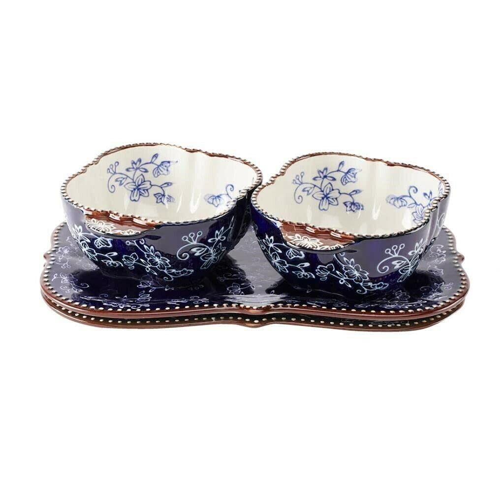 temp-tations® Floral Lace Soup and Sandwich Bakeware Set of 2 - Blue - Oven Microwave Freezer Refridgerator Safe Ceramic hand painted for baking serving kitchen cooking gift appetizer