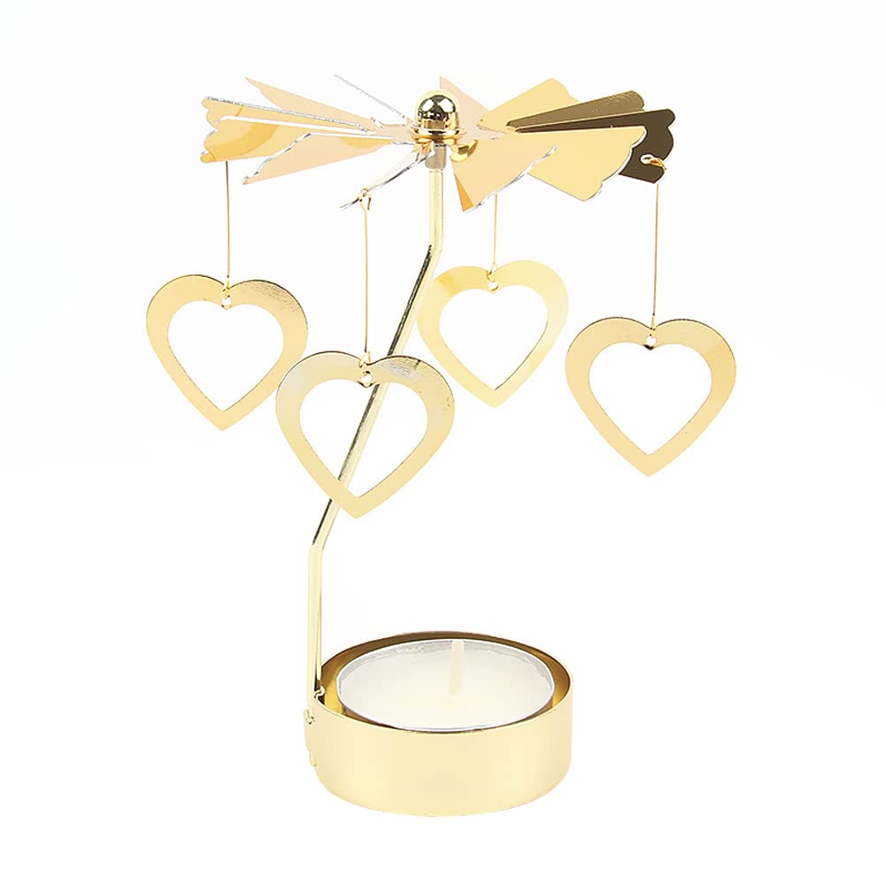 Surakey Rotary Candle Holder, Gold Spinning Metal Tea Lights Candle Holder, Romantic Candlestick Ornament for Wedding Party Christmas Festival Home Decor Accessories (Heart)