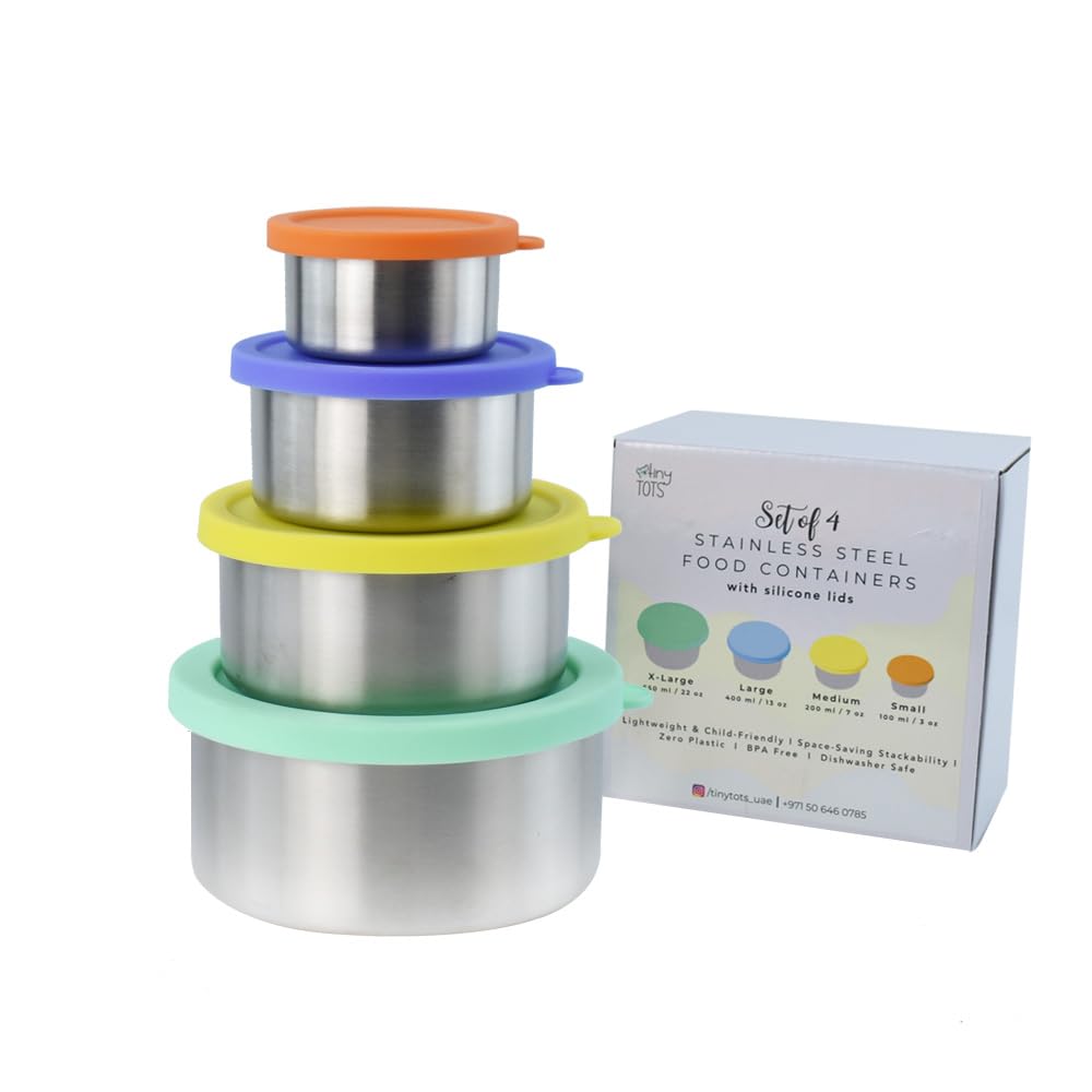 Stainless Steel Snack Containers, Easy Open Leakproof Silicone Lids, Stackable School Lunch Boxes for Toddlers, Meal Prep, Reusable Snack Containers for Kids & Adults - Set of 4: 3oz, 7oz, 13oz, 22oz