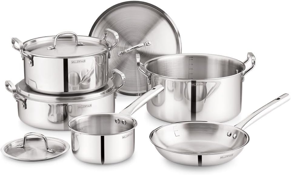 Bergner Triply Stainless Steel 9pcs Cookware Set - 16cm Saucepan, 24cm & 28cm Casseroles, 28cm Biryani Pot, 24cm Frypan & 4 Lids, Less Oil Use Healthy Cooking Set, Induction & Gas Compatible