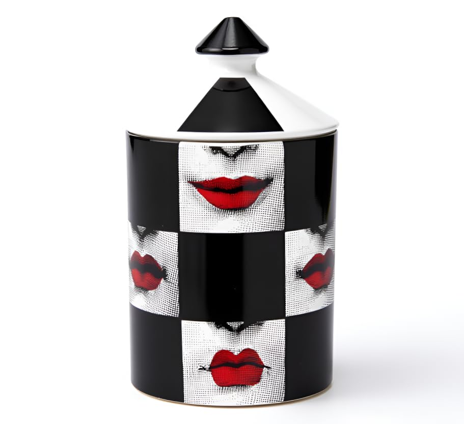 AlphaDesignLuxe Home Decor Candle Holder Ceramic Candle Jar Aromatherapy Candles Decor Luxurious Design Large 12 oz (Red Lips Black Squares)