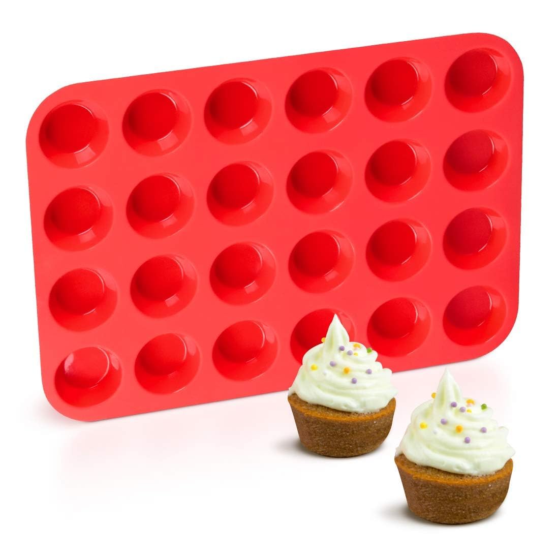 Silicone Muffin Pan Mini 24 Cups Cupcake Pan, Nonstick BPA Free Silicone Baking Pan 1 Pack (Red)