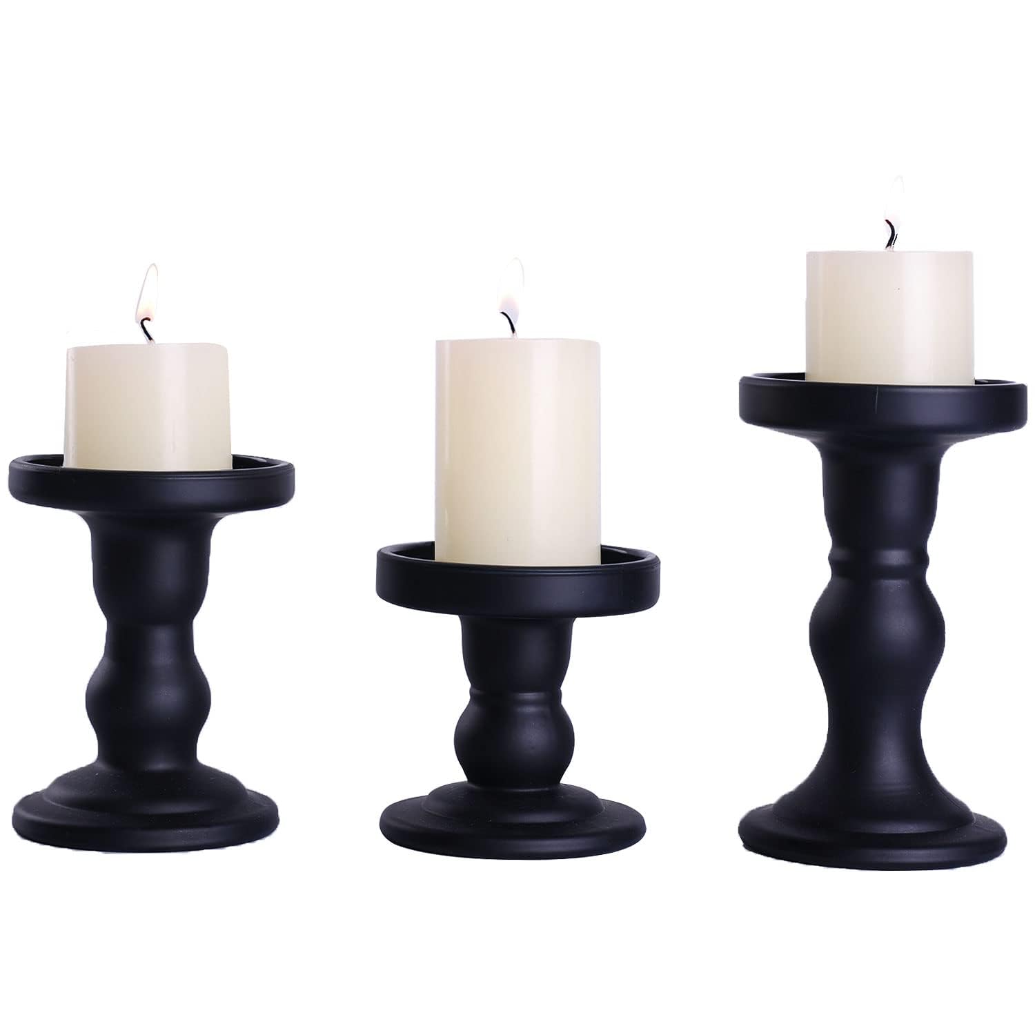 BIGTHREE Matt Candle Holders, Glass Black Pillar Candle Holder, 3 Candlesticks of Different Heights, Vintage Candle Holder for All Events, Wedding, Church, Décor Table Centerpiece Decoration