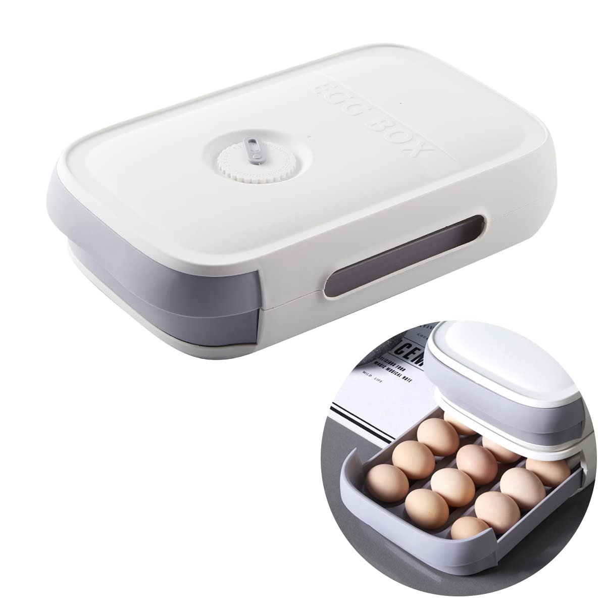 IBAMA Kitchen Drawer Type Egg Storage Box Refrigerator Storage Box Fresh Keeping Box Dumpling Box Household Eggs Holder Dropshipping (White)