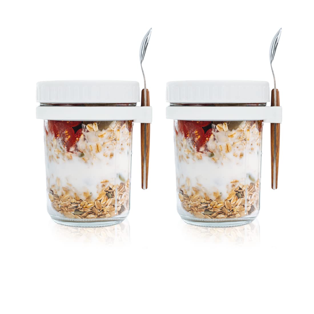 Overnight Oats Jars with Lid and Spoon Set of 2?10 oz Large Capacity Airtight Oatmeal Container with Measurement Marks, Mason Jars with Lid for Cereal On The Go Container (white)