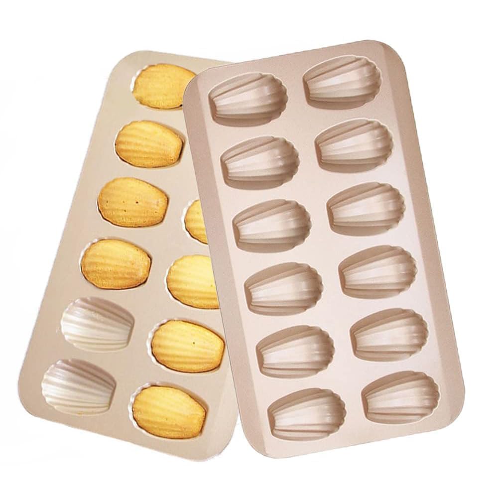 Xspring Madeleine Pans, 2 Pcs 12-Cavity Heavy Duty Madeleine Cookies Trays, Cakelet Pan, Scone Pan, Cookie Pan for Oven Baking, Warp Resistant Shell Shape Madeleines Mold Cake Pan, Champagne Gold