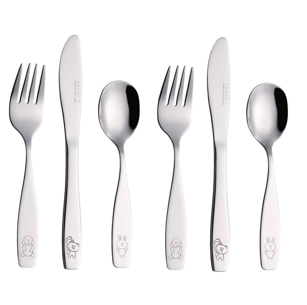 Exzact Children's Cutlery Stainless Steel 6pcs Set/Kids Cutlery/Toddler Utensils/Flatware - 2 x Forks, 2 x Safe Dinner Knives, 2 x Dinner Spoons - Engraved (Dog Cat Bunny)