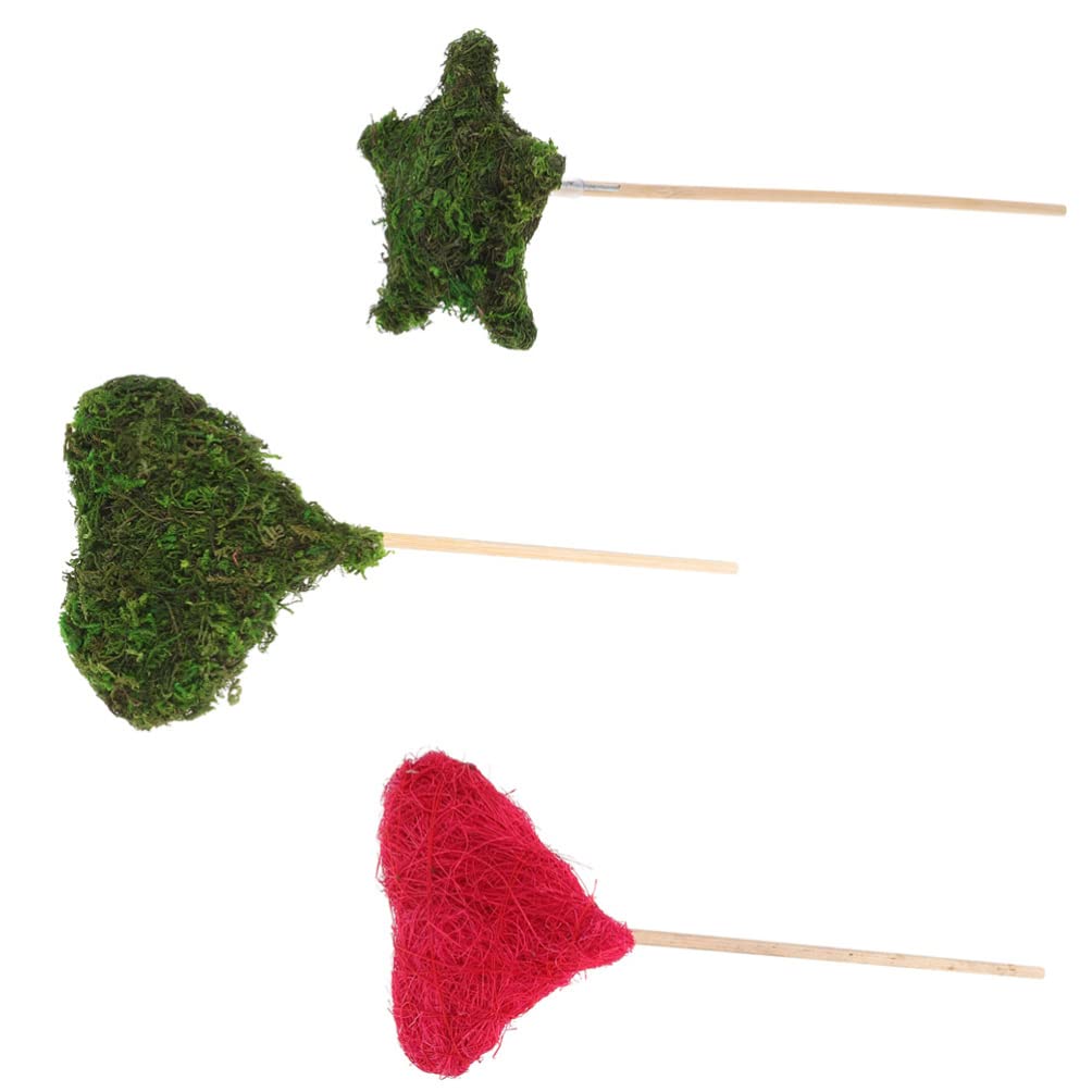 OOPP 3pcs Artificial Flower Stem Heart Star Green Dried Moss Floral Picks Wooden Sticks Simulation Plant Branches Decorative Bride Bouquet for Vase Lawn Flower Pot Decor