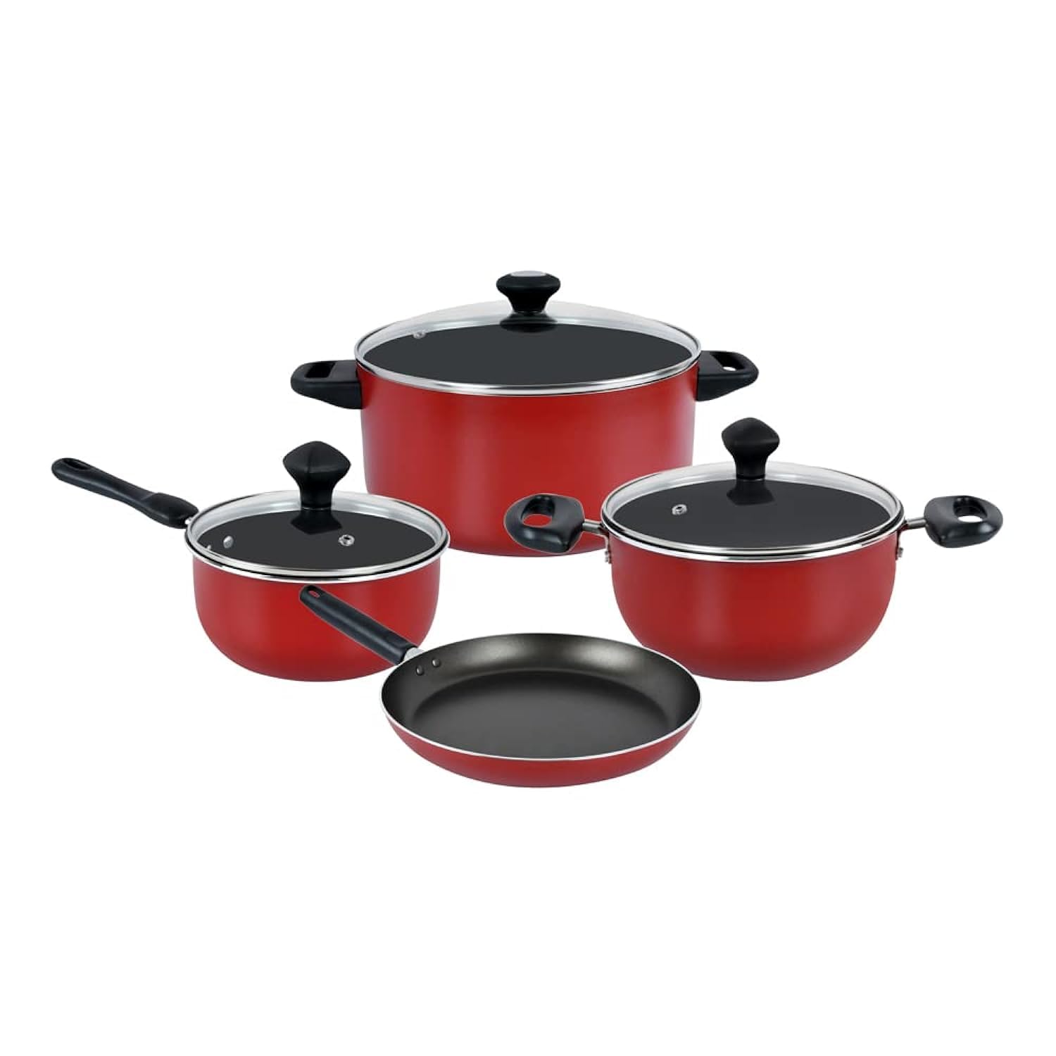 Prestige 7 Piece Non-Stick Aluminium Cookware sets| Non Stick Aluminium | Casserole | Sauce Pan | Fry Pan - Red