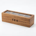 Premium Acacia Wood Tea Box Organizer with Glass Lid – 4-Compartment Tea Bag Holder for Kitchen Counter, Laser-Engraved “TEA”, Natural Acacia Storage Box for Tea Bags & Coffee Station