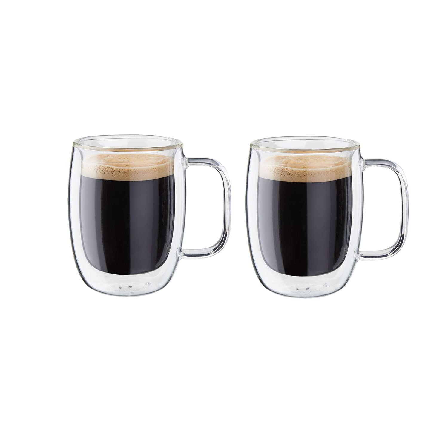 Zwilling Sorrento 0.13L Double Wall Mug. Temperature resistant Double-walled borosilicate mouth blown glass. Suitable for hot and cold. Microwave Safe & Dishwasher Safe. Set of 2.