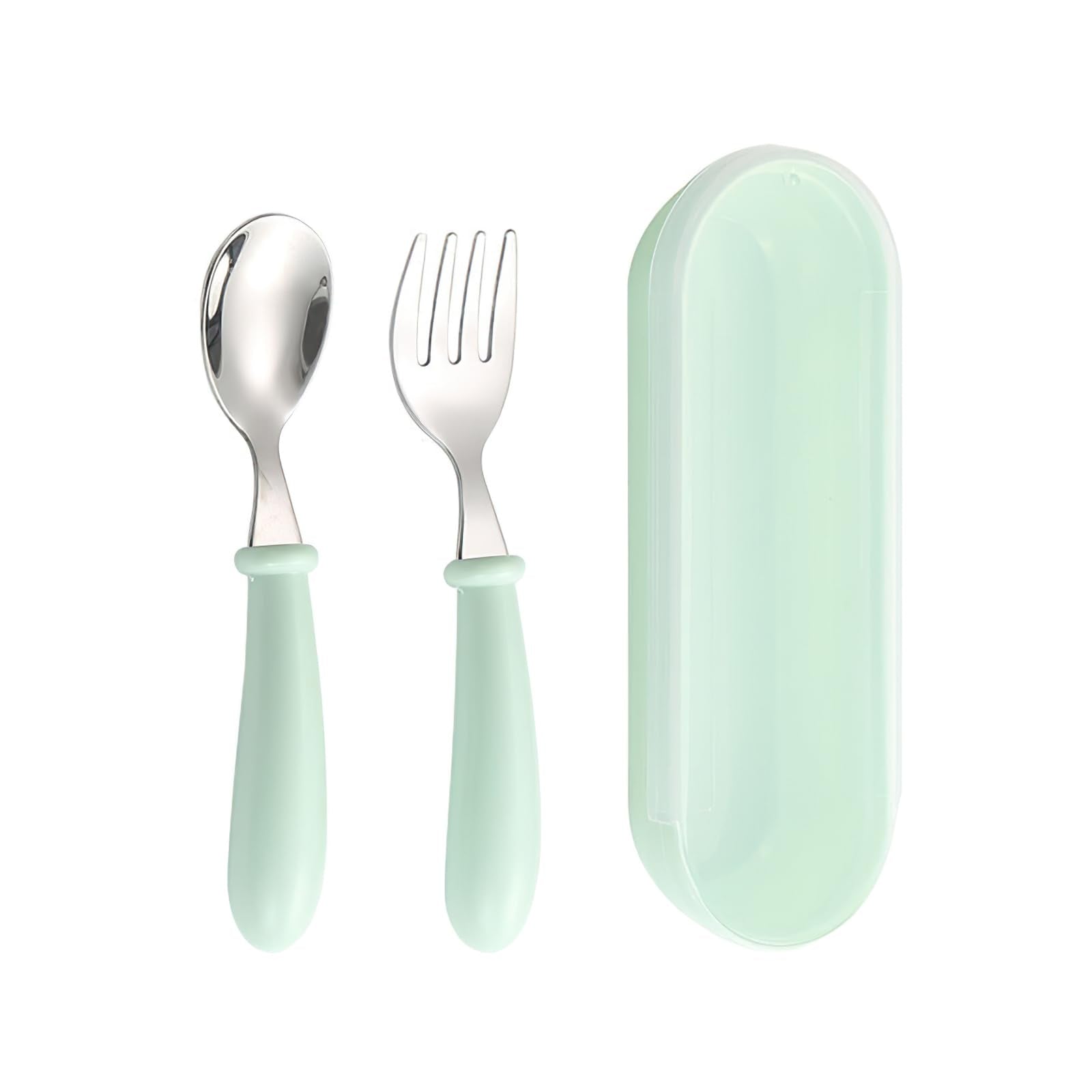 Cutlery Set, 304 Stainless Steel Cutlery Fork & Spoon with Travel Case, Feeding Tableware Set with Soft Grip Handle for Children Self Feeding, School, Lunch Box (Green)