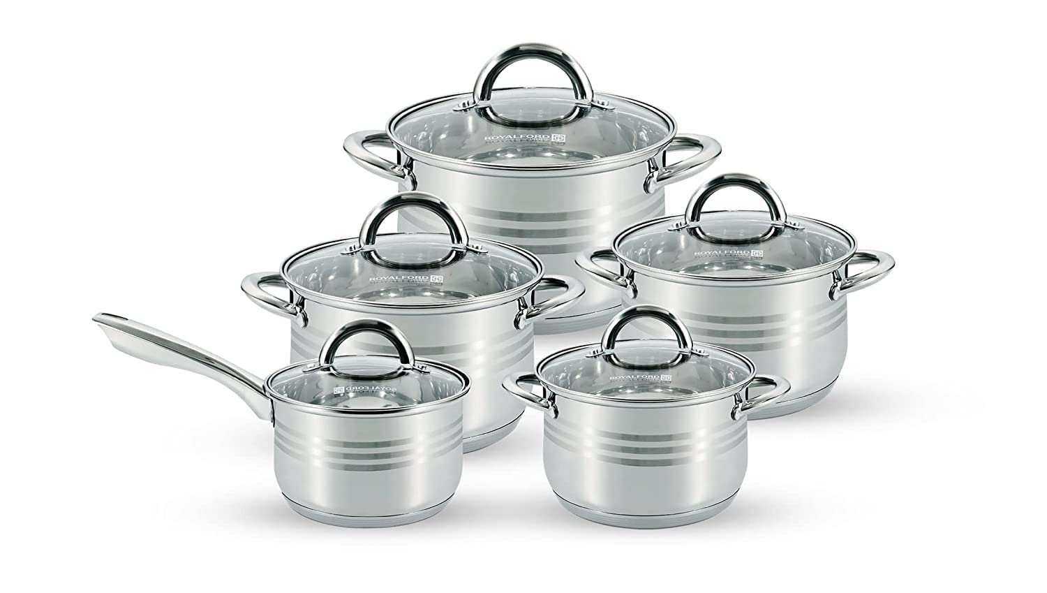 Royalford 10Pcs Stainless Steel Cookware Set, Rf10390 - Induction Compatible Base, Dishwasher-Safe, Strong, Heavy-Duty Riveted Handles, Silver