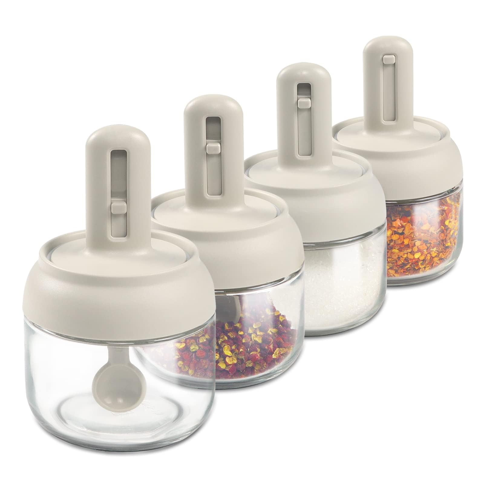 TERRIFI 4 Pack Glass Seasoning Jars with Retractable Spoon and Lid, Air-Tight Spice Jars, 9oz Sugar Container and Salt Cellar Box, Condiment Containers with Lids for Kitchen