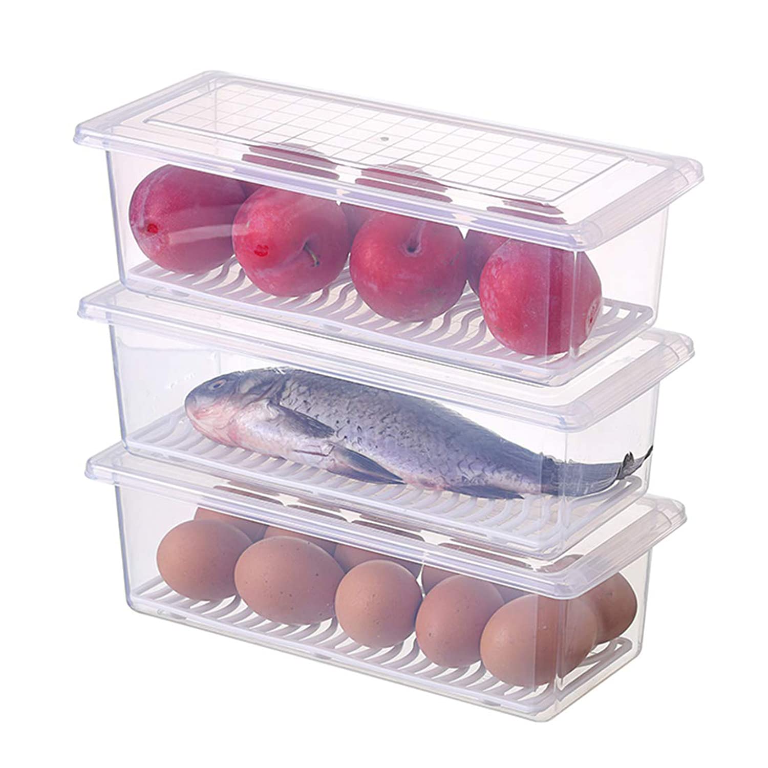 STARSLIFE Food Storage Containers, Refrigerator Classified Organizer Case with Removable Drain Plate and Lid, Plastic Stackable Box Keep Fresh for Fish, Meat, Vegetables, Fruits ect. (Pack of 3)