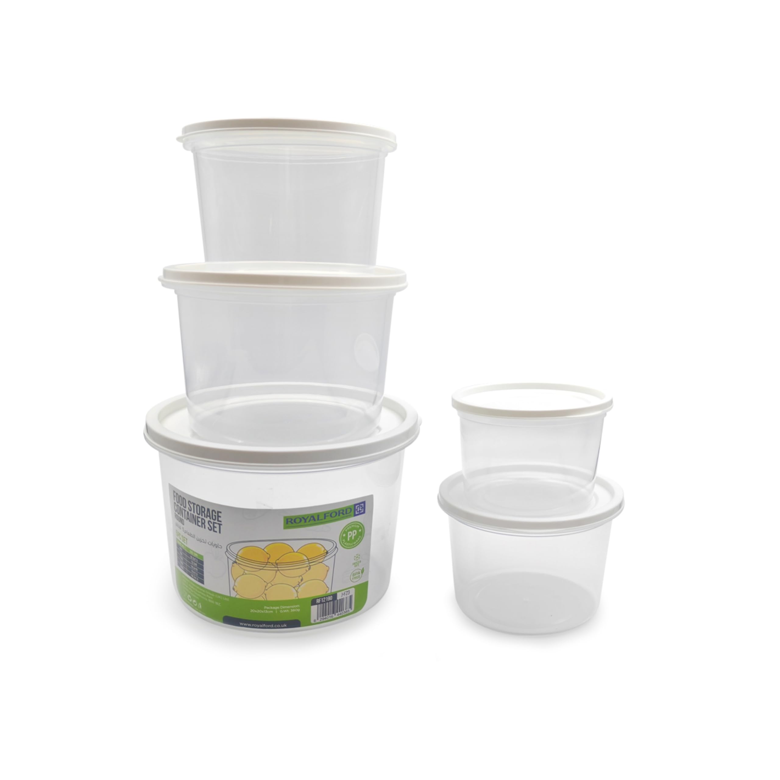 Royalford Round Plastic Food Storage Container RF12190 Pack of 5 Containers, 450 ml, 700 ml, 1100 ml, 1800 ml, 2800 ml Leakproof Box for Food, Leftover, Marinades, Dough, etc for Kitchen Organization