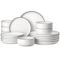 MALACASA LUNA Crockery Set for 6 People, 18-Piece White Porcelain Dinner Service with Black Rim, Modern Dinner Set with 6 Dinner Plates, Dessert Plates and Cereal Bowls