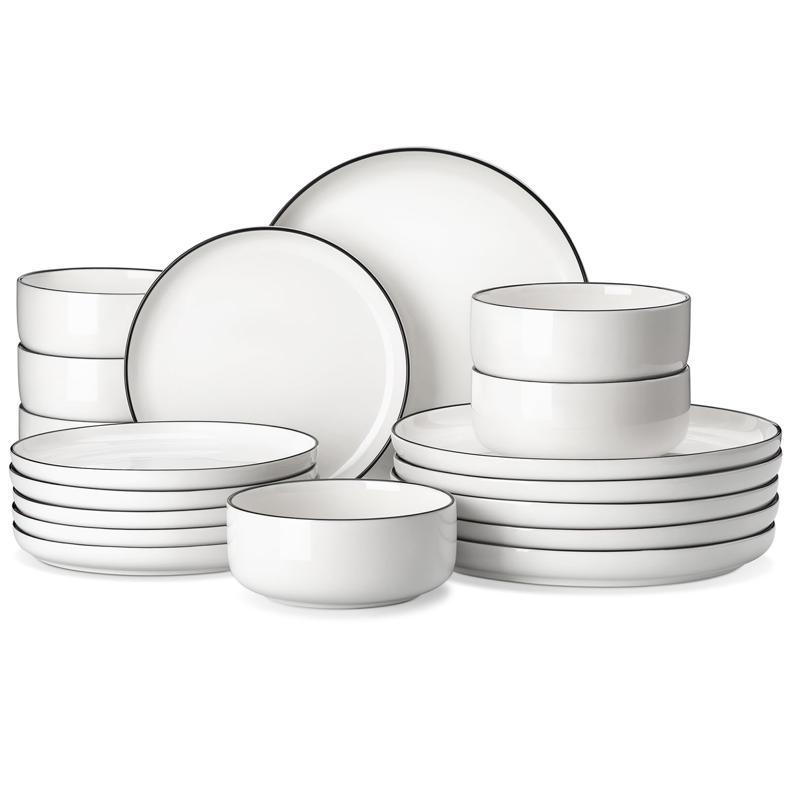 MALACASA LUNA Crockery Set for 6 People, 18-Piece White Porcelain Dinner Service with Black Rim, Modern Dinner Set with 6 Dinner Plates, Dessert Plates and Cereal Bowls
