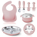 7 Pieces 304 Stainless Steel Baby & Toddler Feeding Set - Suction Divided Plates, Bowls, Silicone & Stainless Spoon Fork,Pocket Bib Unbreakable, Dishwasher Safe Kids Dinnerware Essentials (Pink)