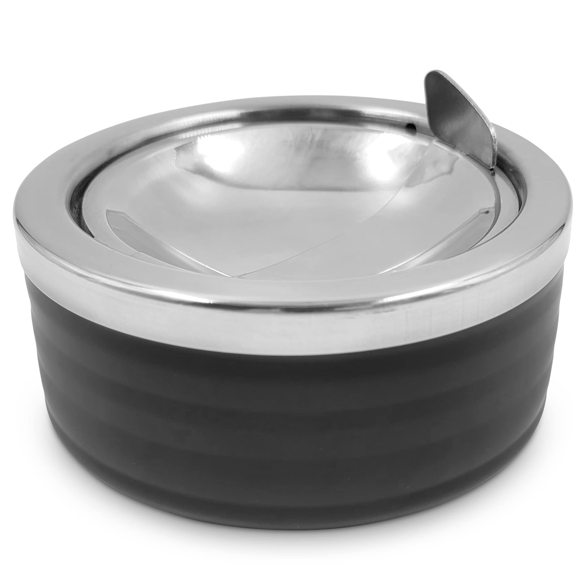 Grooved Black Classic Metal Ashtray with a Lid for Cigarettes - Windproof Outdoor Ashtrays Can Patio Outdoor Indoor Decorative Fancy Ash Tray