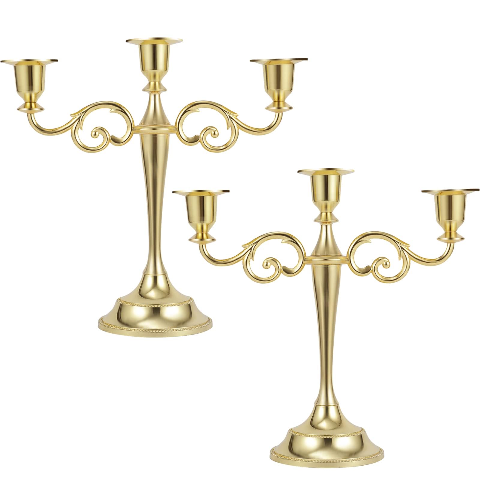 KASTWAVE 2 Pcs Gold 3-Arm Candelabra – Metal Taper Candle Holder Stand | Detachable Candlestick Centerpiece for Wedding/Christmas/Party/Home Decor