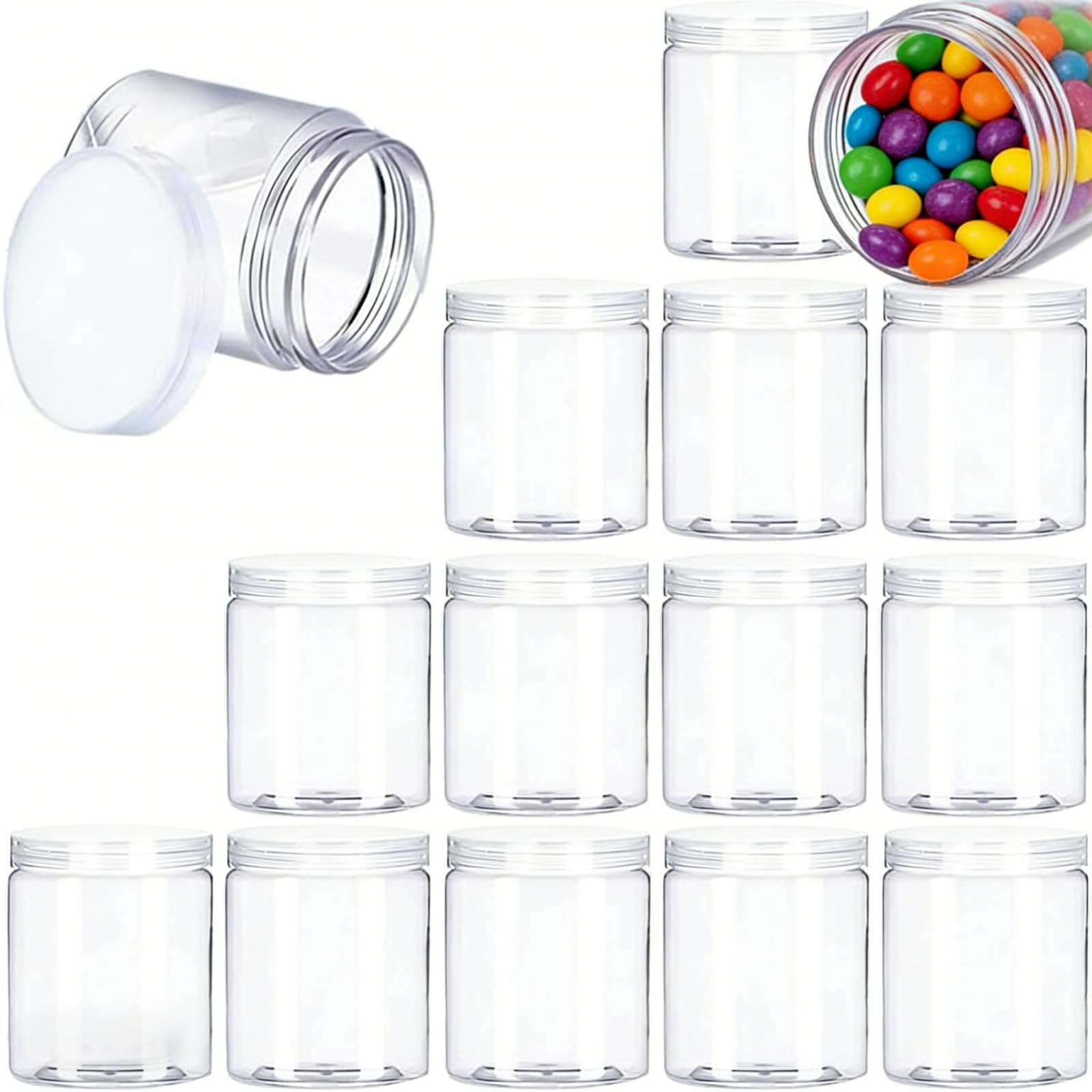 Clear Plastic Storage Jars with Lids, Wide Mouth Containers, 6oz Capacity, 7.5cm Height x 6.5cm Diameter, 15 Pack, for Dry Food, Dried Fruit, Seasoning and Honey