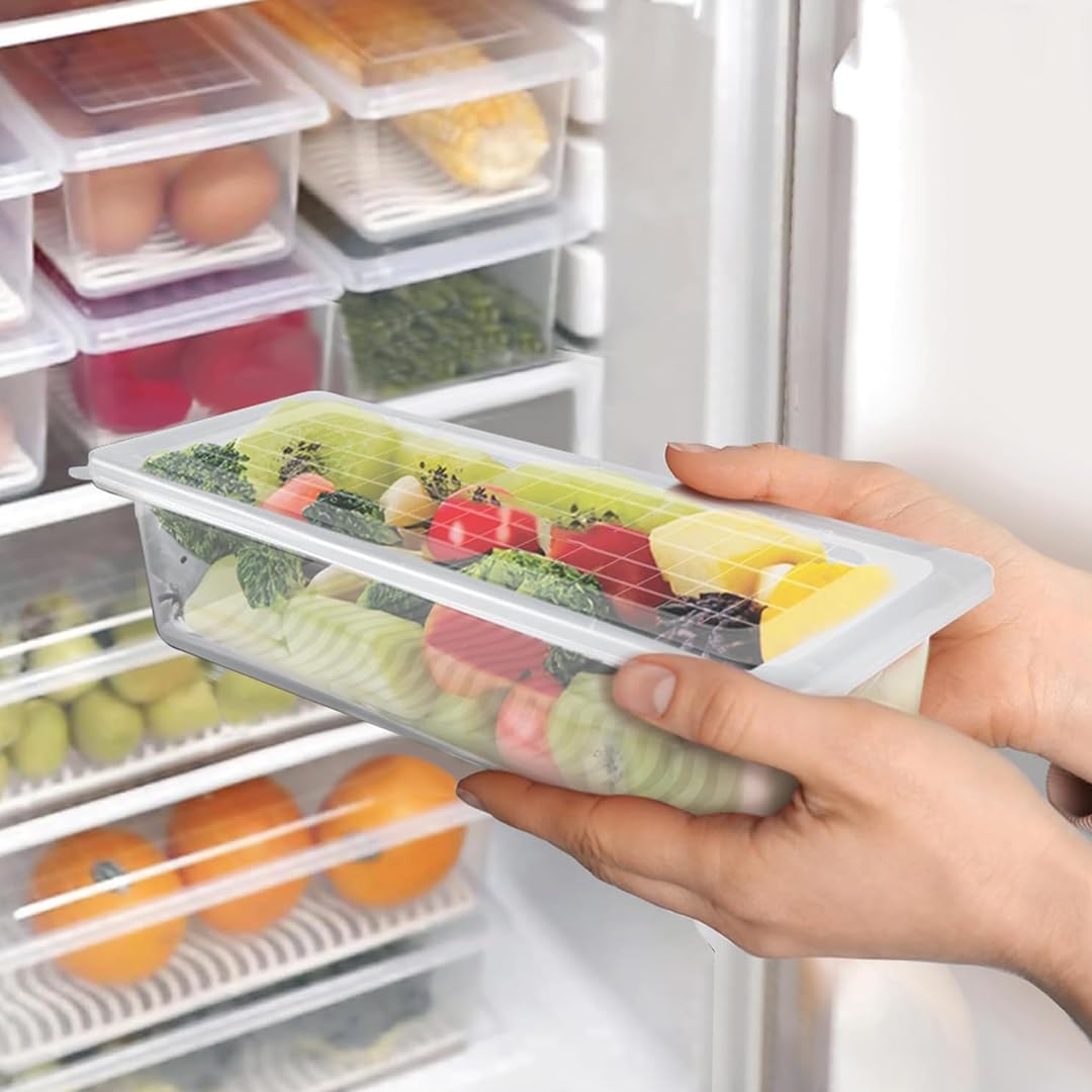 ABC Fridge Storage Boxes (Pack of 6), Fridge container with Removable Drain Plate Fridge Storage Containers Fruits, Vegetables, Container Box