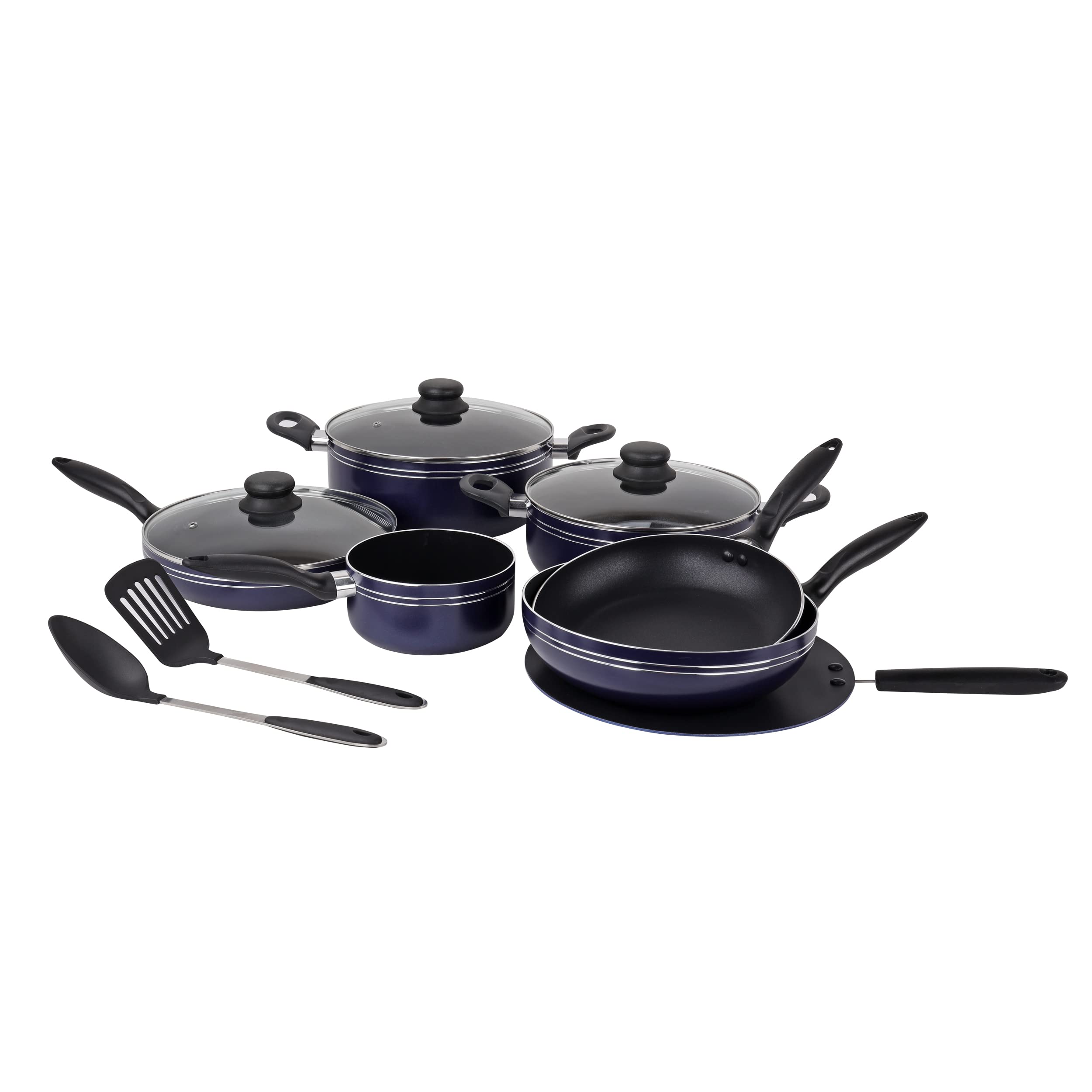 Royalford RF5858 Cookware Set, 12 Pieces, Scratch Resistant, Tempered Glass Lids, 2.5mm Body Thickness, Bakelite Knobs and CD Bottom, Blue, W 60.8 x H 37.0 x D 21.8 cm, Aluminium