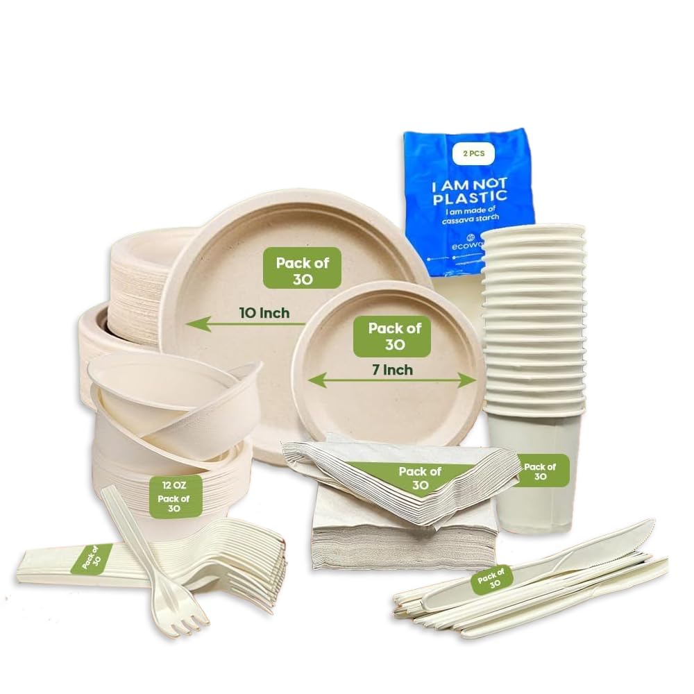 Ecoway Fancy Disposable Dinnerware Set, Bagasse Plates Set, Pack of 30 Compostable Party Supplies, Biodegradable Dinner Set Including Cutlery Set & Utensils For Party, Picnic
