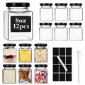 SKYLINK 12 Pack 8oz Square Glass Jars with Airtight Black Lids, Labels & Cleaning Brush, Small Mason Jars for Spices, Jam, Honey, Jelly, DIY Gifts, Wedding Favors