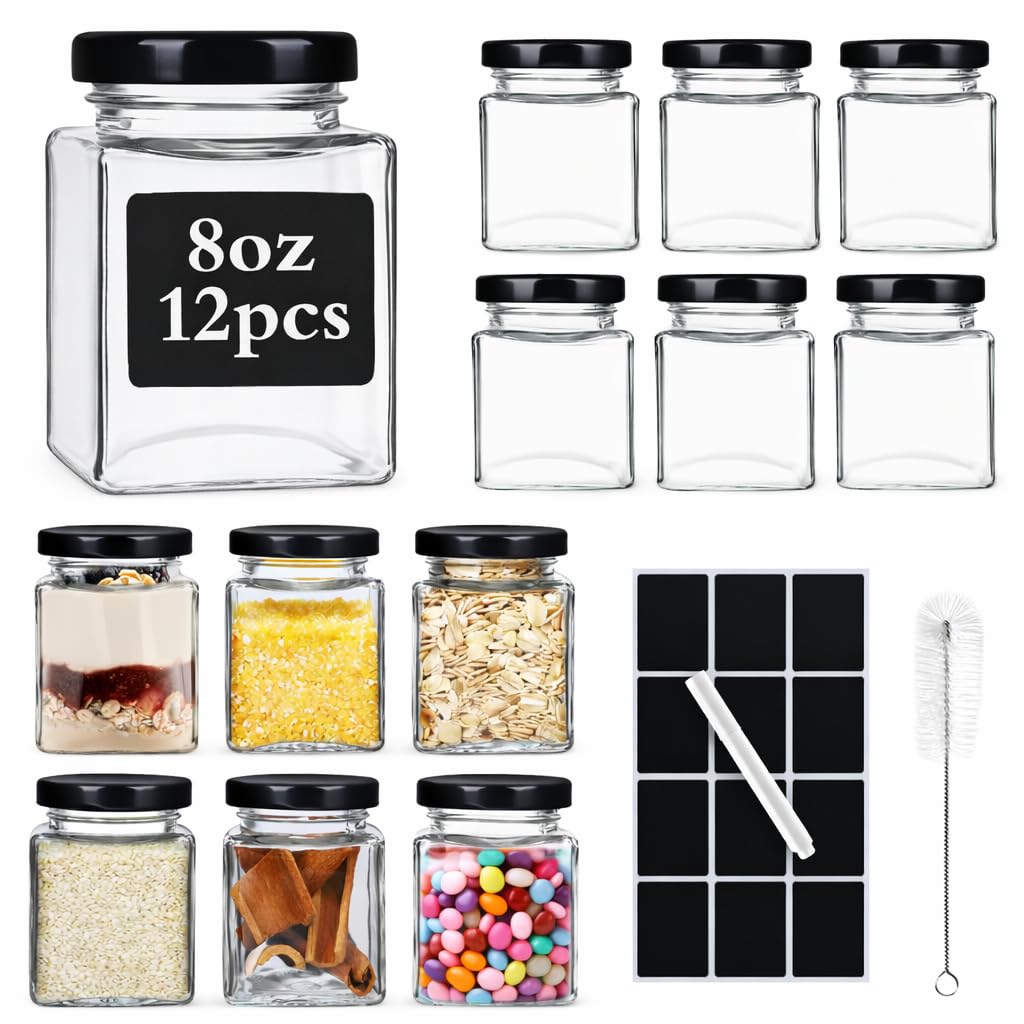 SKYLINK 12 Pack 8oz Square Glass Jars with Airtight Black Lids, Labels & Cleaning Brush, Small Mason Jars for Spices, Jam, Honey, Jelly, DIY Gifts, Wedding Favors