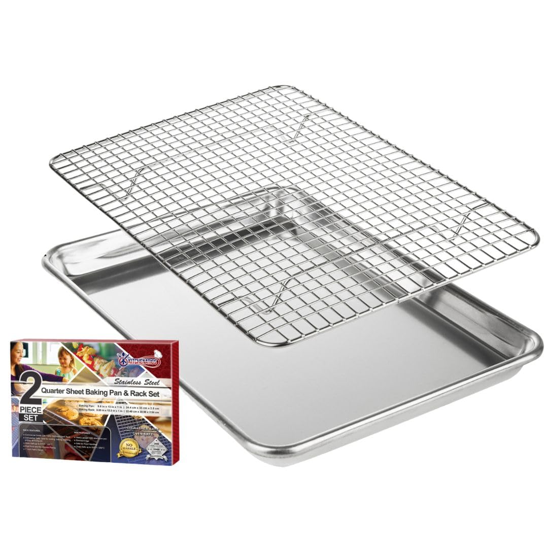 KITCHENATICS Baking Pan and Cooling Rack, Small Quarter Sheet Aluminum Baking Pan and Stainless Steel Rack Set, Roasting Rack Set and Cookie Tray for Oven and Grill, Non-Toxic, 9.6" x 13" x 1"