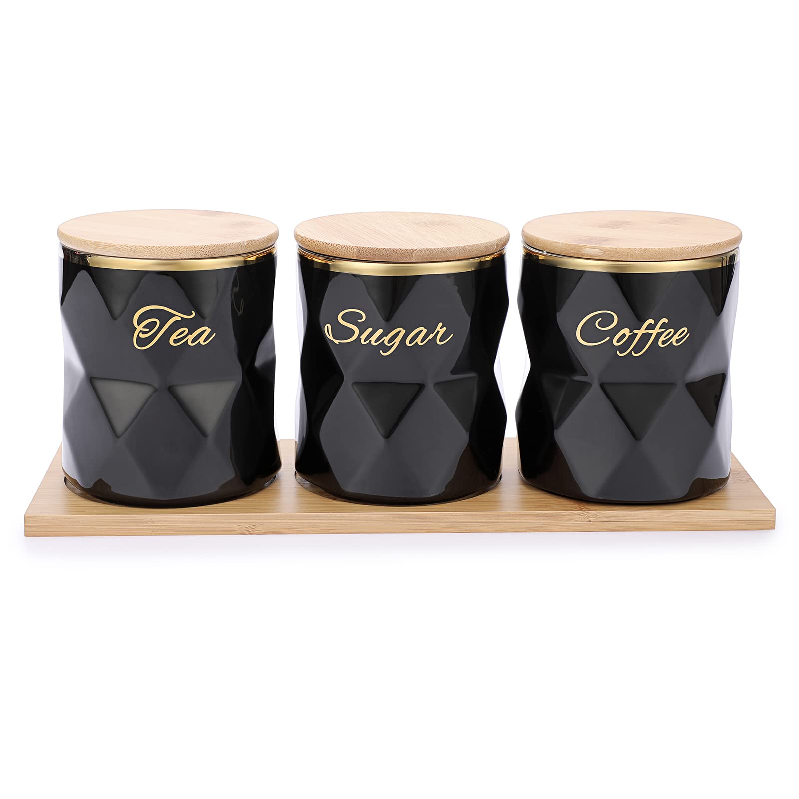 JUXYES Ceramic Canisters Set for Sugar Coffee Tea, Luxurious Storage Containers Set with Lids Decorative Storage Pots Black Storage Jar for Kitchen Counter Dining Room