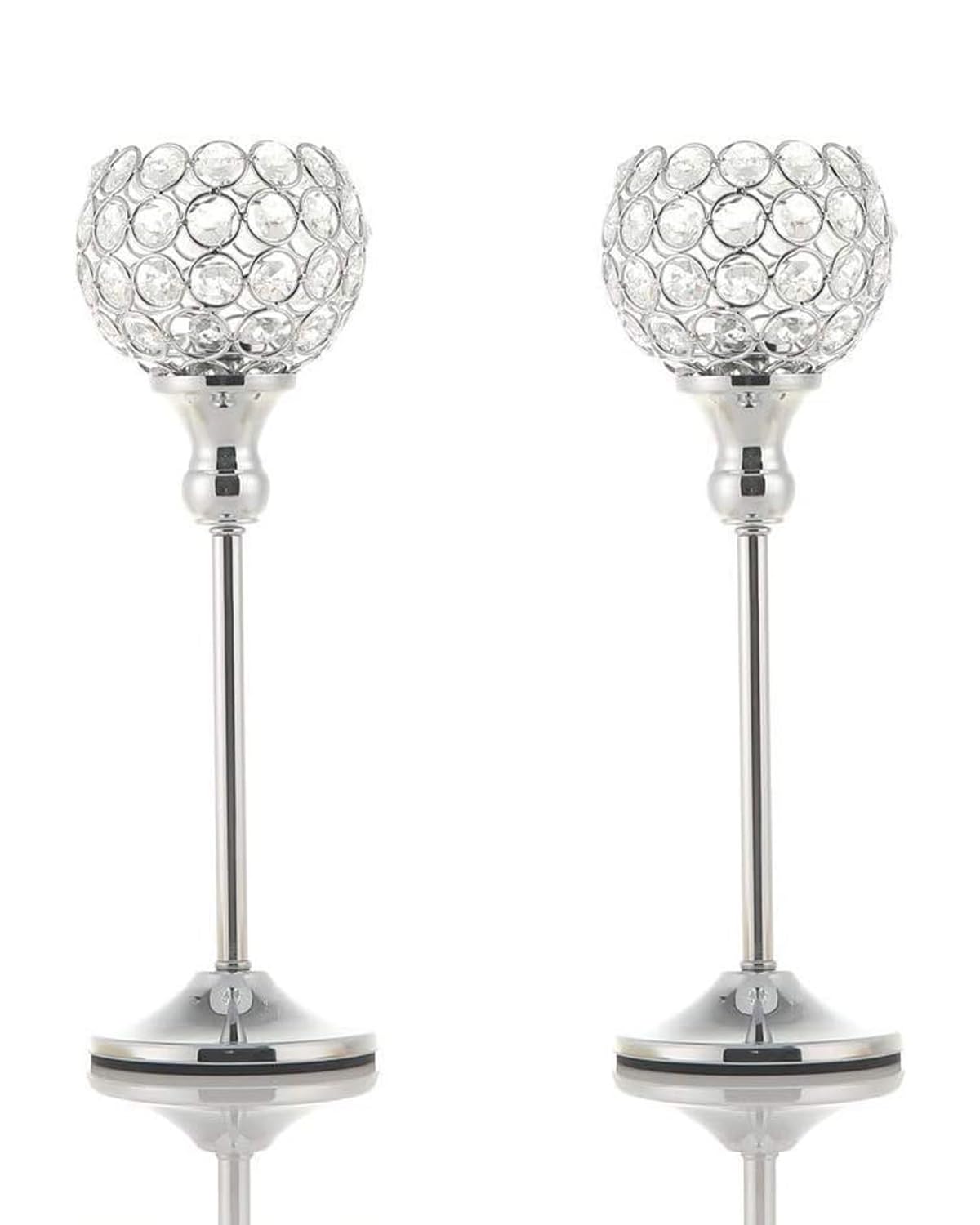 VINCIGANT Crystal Hurricane Candle Holder Silver Candlestick Set of 2 for Anniversary Celebration Coffee Table Modern Decorative Centerpieces