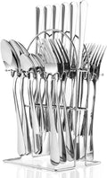 Arabest Silverware Set,Tableware,24 Piece Flatware Set With Stand,Stainless Steel Kitchen Utensils Set for 6,Mirror Polished Cutlery Set,Spoon and Fork Set Knife Silverware(Silver)