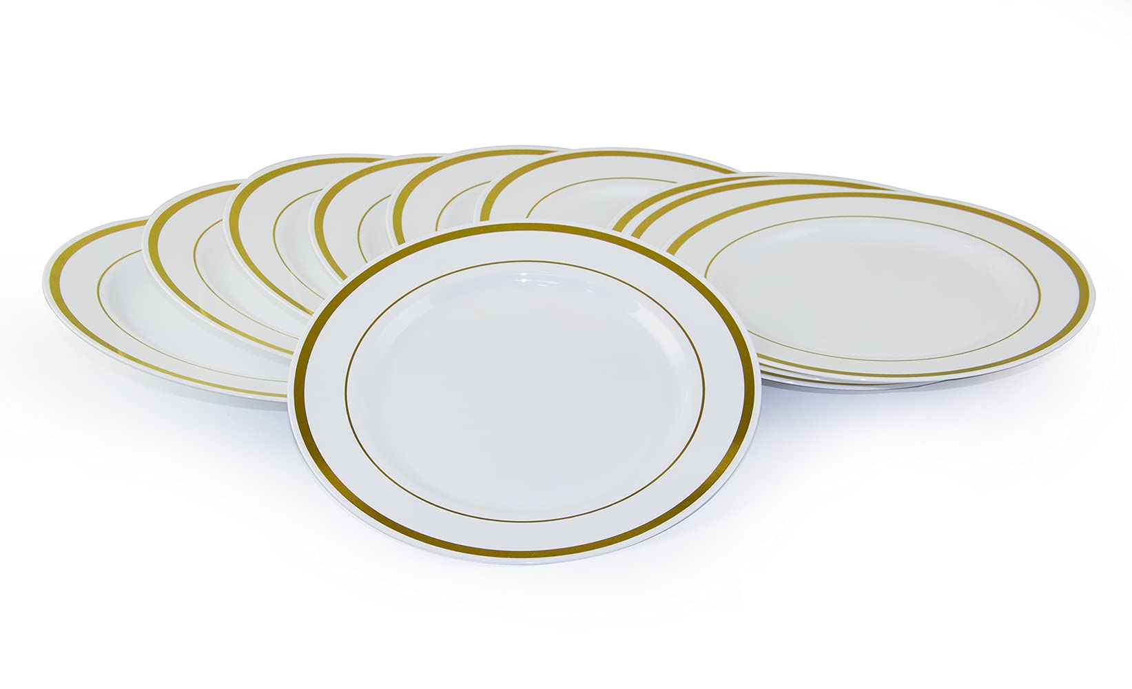 Premium Quality Plastic Dinner Plate 7.5 Inch, Set Of 10 Pieces, Light Weight 24Grams, White-Golden, Dp-2421, 7.5"