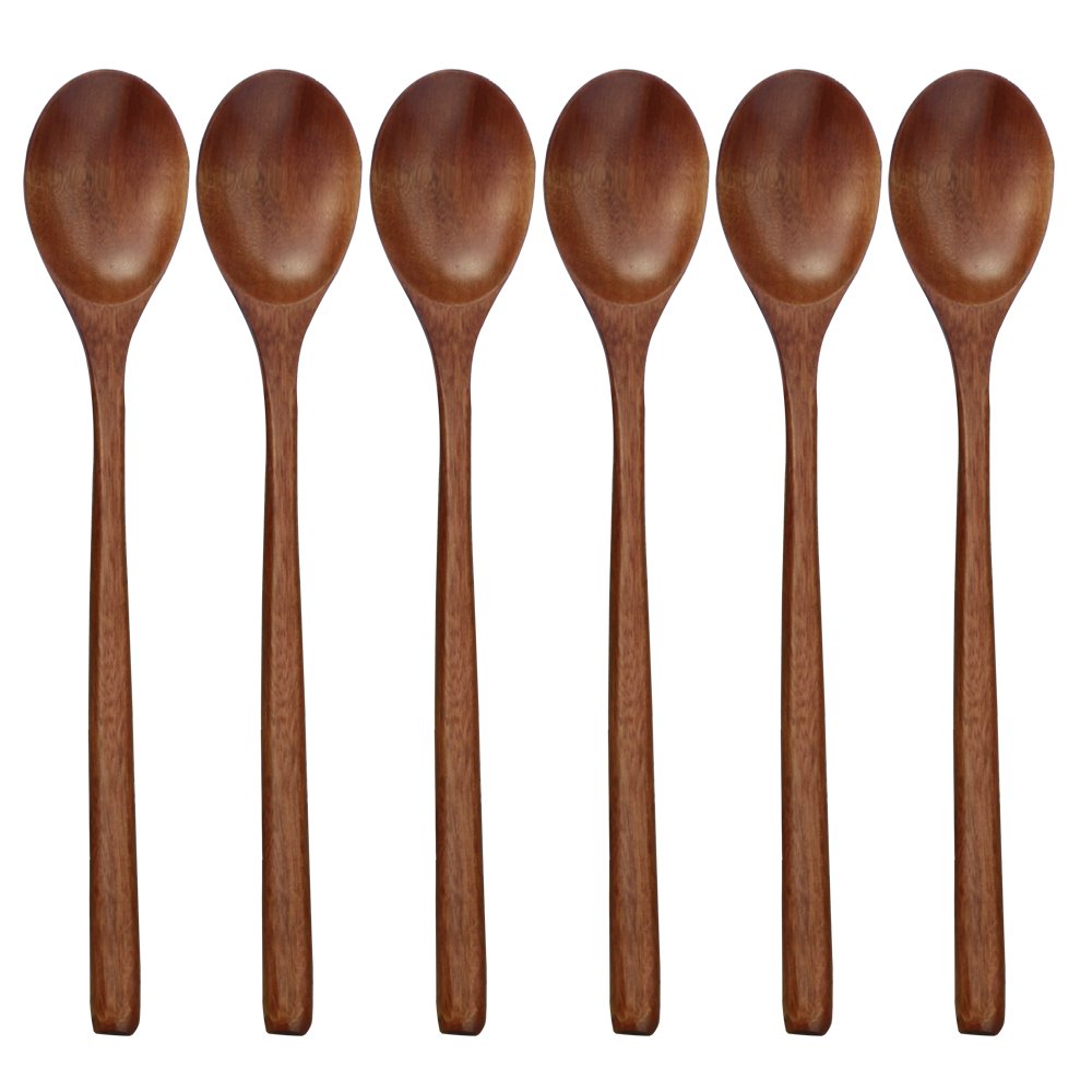 Wooden Spoons, 6 Pieces Wood Soup Spoons for Eating Mixing Stirring Cooking, Long Handle Spoon with Japanese Style Kitchen Utensil, Eco friendly Table Spoon