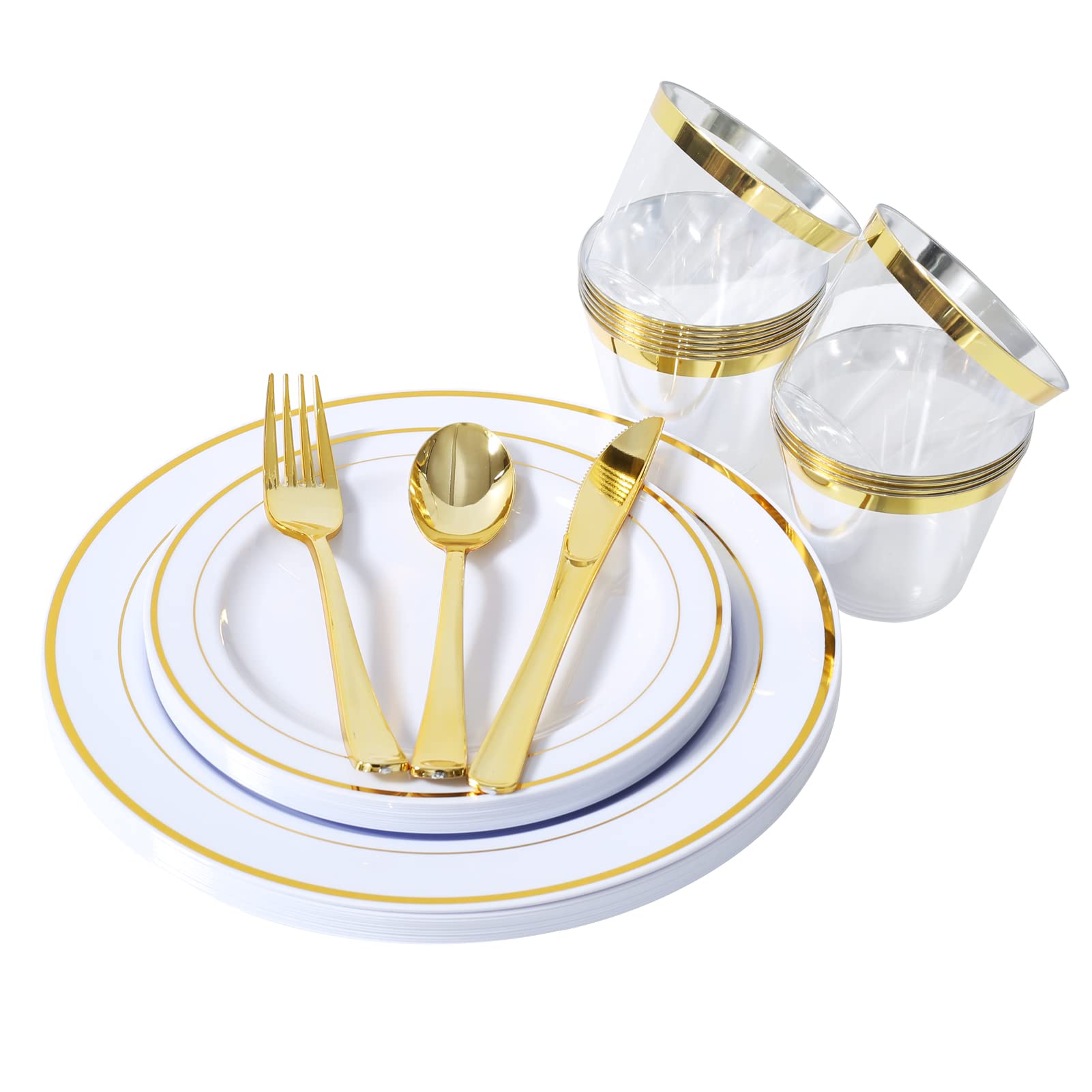 Beauenty 72Pcs White Gold Party Supplies Party Tableware Disposable Plastic Cutlery Set, Party Supplies Plate, Cup, Spoon, Cutlery-12 Guests (White Gold)