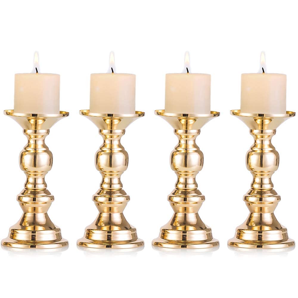 2/4/10 Pcs Candle Holders Gold Metal Pillar Candle Holders, Wedding Centerpieces Candlestick Holders Candles Stand Decoration Ideal for Weddings Special Events Parties-Gold||4 Pcs
