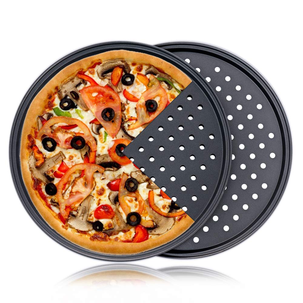 Pizza Pan With Holes, 2 Pack Carbon Steel Perforated Non-Stick Tray Tool Crispy 12inch Round for Home Kitchen