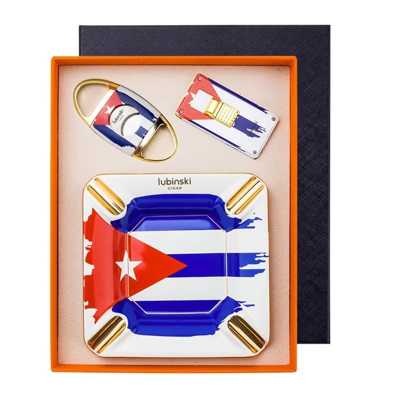 3-Piece Cigar Accessories Gift Set with Gift Box, Premium Ceramic Ashtray with 4 Cigar Rest Slots, Sharp Stainless Steel Cutter, Metal Lighter, Elegant Desk/Tabletop Set.