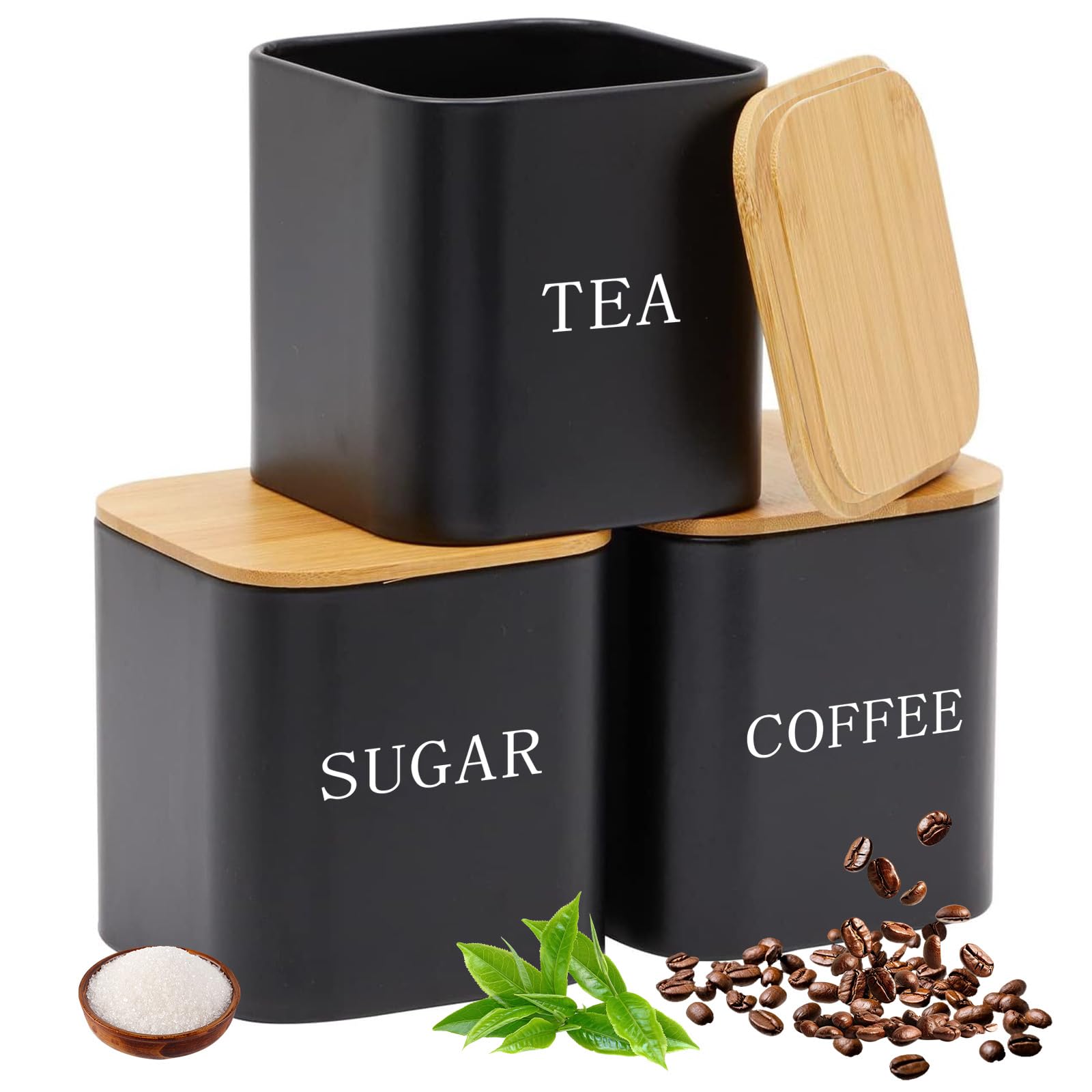 URbazaar 3 Pcs Storage Jars Elegant Square Storage Jar Classic Tea Container with Airtight Bamboo Lid Coffee Container for Coffee Sugar Tea,Kitchen Food Storage (Black-Square-Bamboo Lid)
