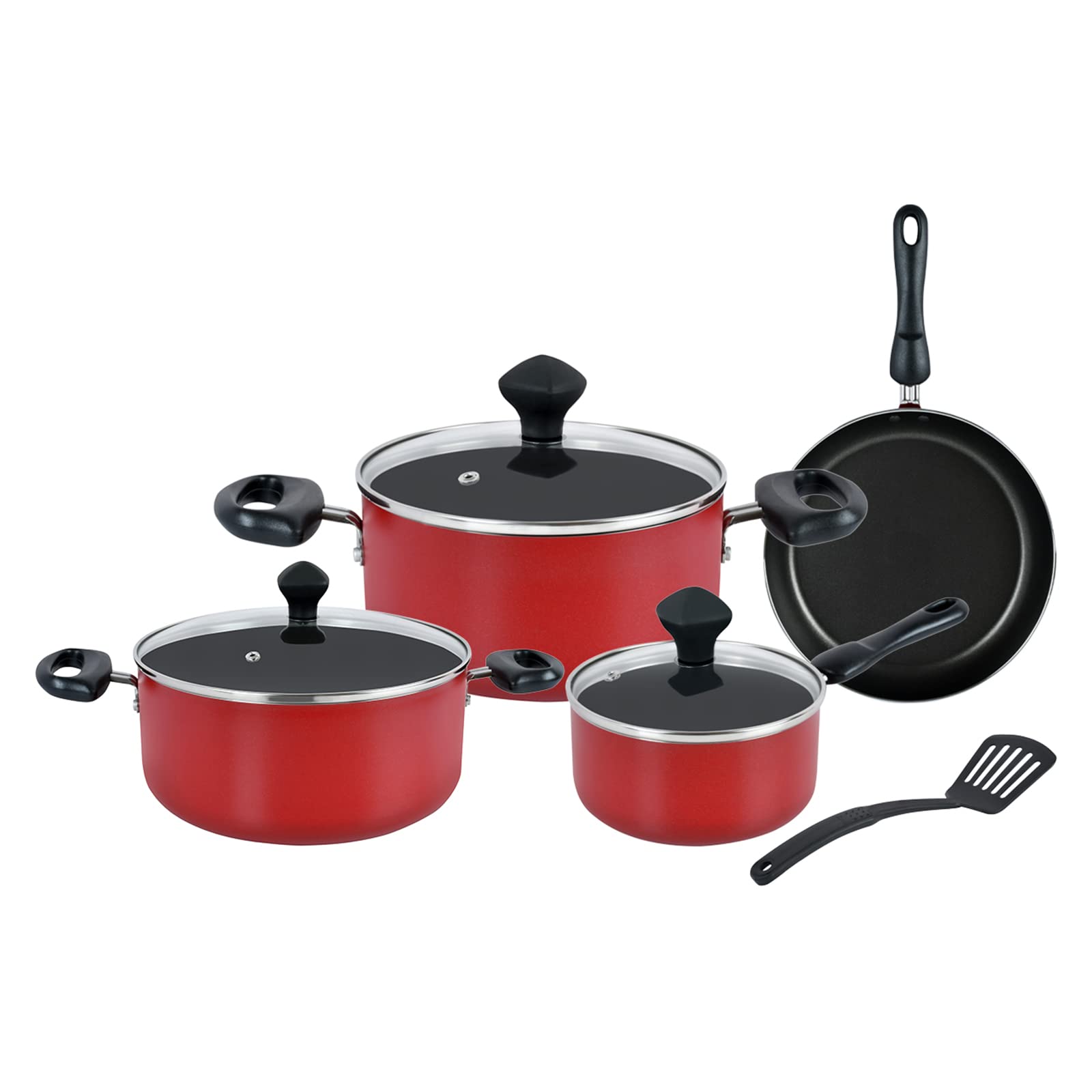 Prestige 8 Piece Non-Stick Cast Aluminium Cookware sets | Induction Base | Non Stick Aluminium | Casserole | Milk Pan | Fry Pan - Red